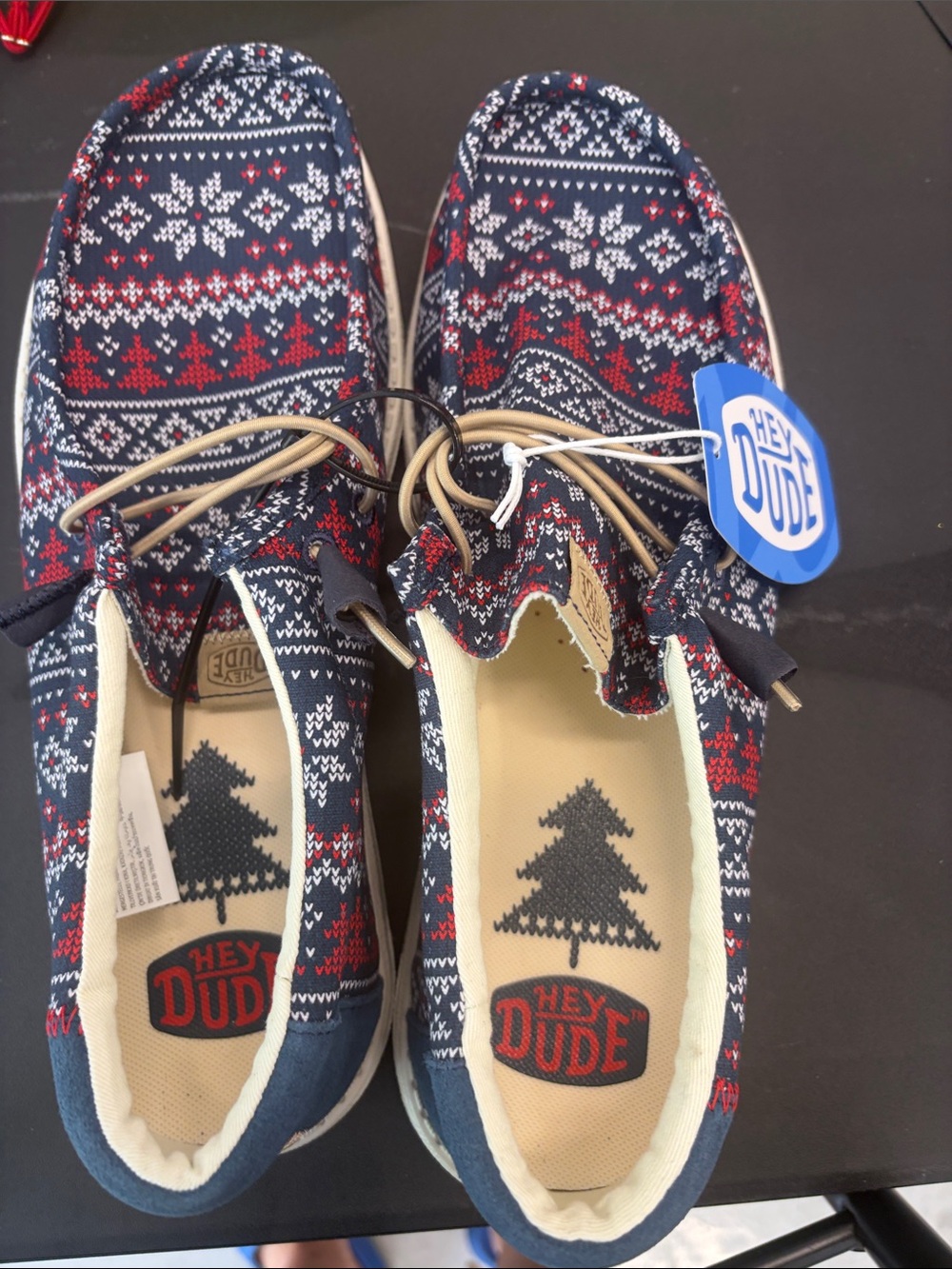 Hey Dude men’s Navy, Red & White Fair Isle Slip-On Sneakers